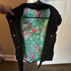 Lilly Pulitzer Black Puffer Jacket with Tropical Lining